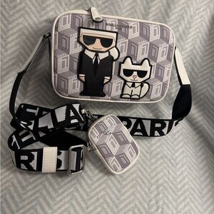 NWT Karl Lagerfeld Gray Crossbody with Iconic Cartoon Design